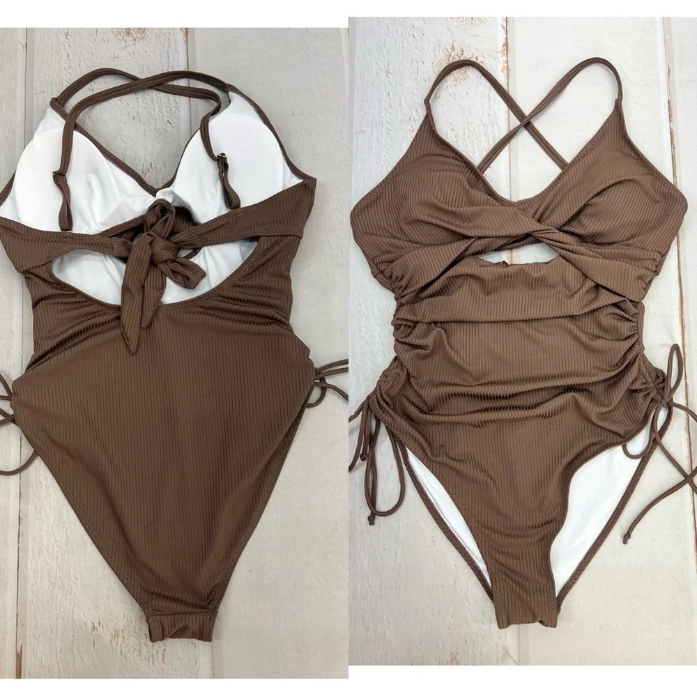 NWOT Ribbed One Piece Swimsuit Tummy Control High‎ Cut Bathing Suit Sexy V Neck